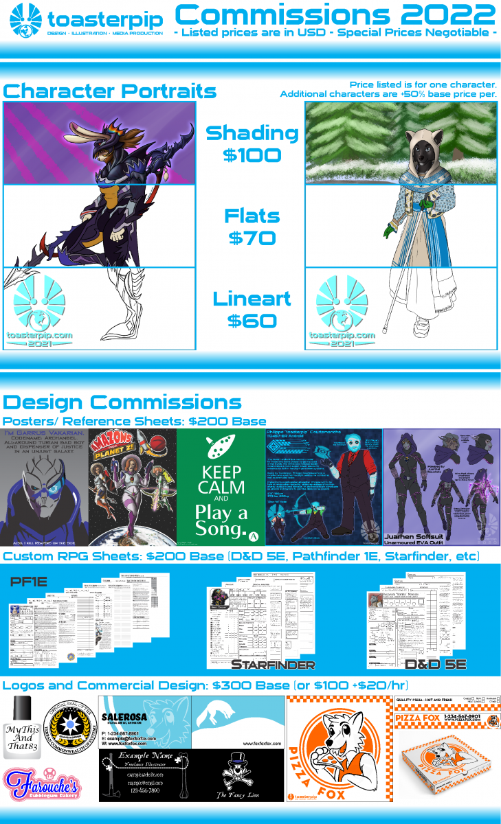 toasterpip commission pricing 2021 lineart flats rendered single character portraits