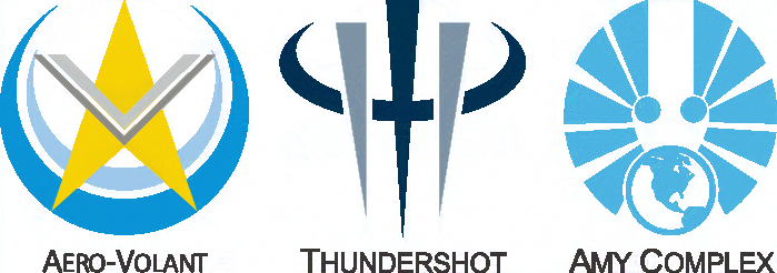 A trio of logos for companies from the Terran Commonwealth universe. To the left, the logo for Aero-Volant shows two crescent moons in different shades of blue, over which a golden delta pointed up and silver chevrons pointing down suggest the letters "AV". In the middle, for Thundershot Industries, a central navy blue emblem of a crescent oval struck through with a downward narrow triangle is overlaid by two grey downward triangles, emulating a rain of bolts or arrowheads.</body></html>