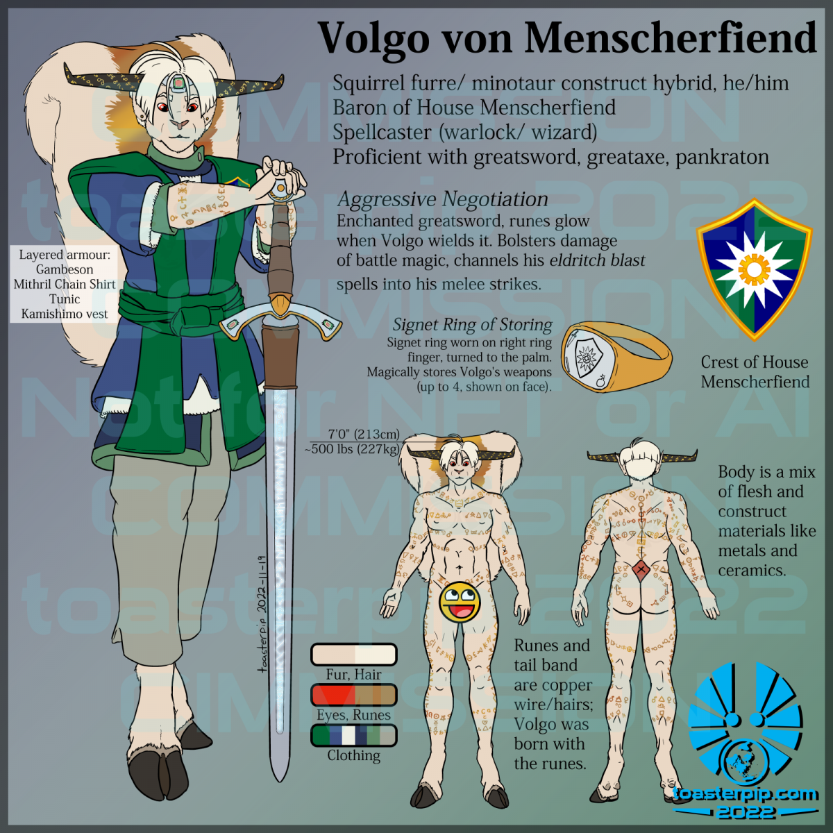 toasterpip character reference sheet furcadia furry squirrel minotaur construct hybrid greatsword baron volgo_von_menscherfiend