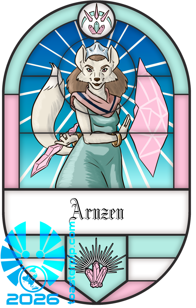 A stained glass window frame depicting a white fox woman wielding a crystal magic knife and shield. The name "Aruzen" is written below the portrait in blackletter font, and a crest featuring a crystal cluster and sunburst appears in the top and bottom of the frame. The colour scheme features a lot of white, pink, and pale teal, the Aruzen family colours.