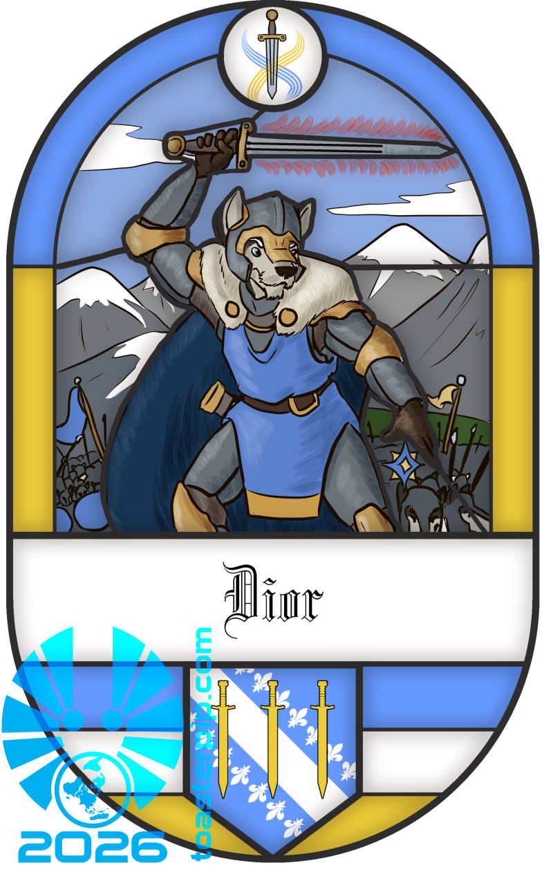 A stained glass window frame depicting an armoured husky man on a battlefield, flaming sword held aloft above his head. The name "Dior" is written in blackletter font below the portrait, and a family crest with a white stripe and fleur-de-lys pattern under three golden swords sits at the bottom of the frame. The colour scheme features a lot of light blue, golden yellow, and white, the Dior family colours.