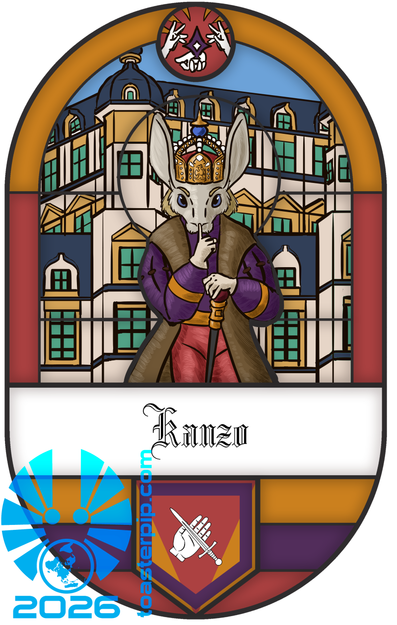 A stained glass window frame depicting a regally-dressed Jerboa man facing the viewer and making a shushing gesture. He wears a crown and bears a scepter, and stands in front of an elaborate palace. The house crest of a hand and knife on gold and saffron sits below the name "Kanzo" in blackletter font under the portrait. The prominent colours are golden orange, saffron red, and dark purple, representing the Kanzo family colours.
