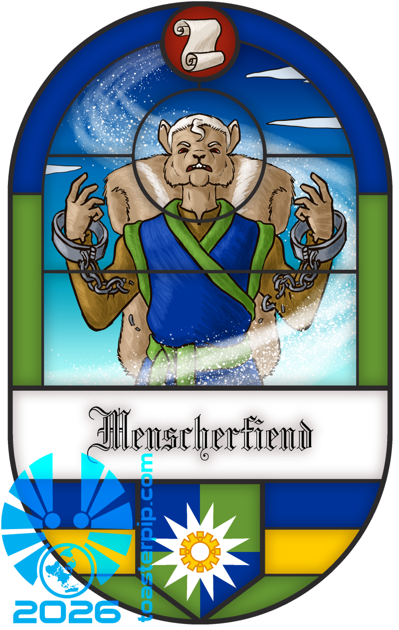 A stained glass window frame depicting a pale-furred squirrel man in a blue and green tunic, breaking a pair of shackles as a flurry of snow swirls about him. The name "Menscherfiend" is below the portrait in blackletter font. Below this is a family crest featuring a blue and green checker under a white starburst, framing a golden gear. At the top of the frame, a partly-unrolled parchment sits on a blood red background. The prominent colours are blue, green, and yellow, the Menscherfiend family colours.