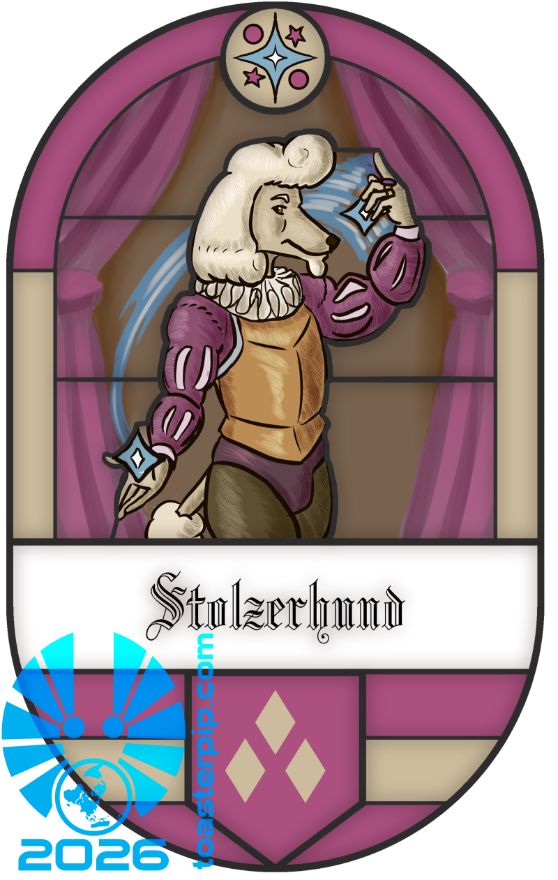 A stained glass window frame depicting a fancily-dressed poodle man, flourishing magic in both hands as he looks sidelong at the viewer. Below the portrait is the name "Stolzerhund", and at the bottom of the frame is a family crest of three cream diamonds on a purple background. The top of the frame depicts a central starburst around which a pair of smaller stars and circles orbit. The prominent colours are purple and cream, the Stolzerhund family colours.