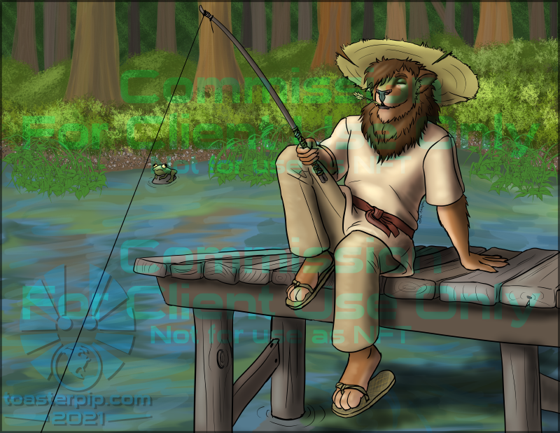 toasterpip commission illustration leonin druid lion anthro fishing pier lake frog