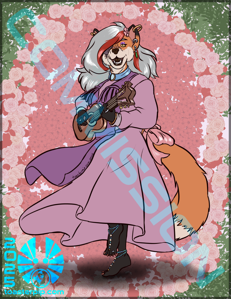 A flat colour portrait of Erin Kelfonne. She is an anthropomorphic fox with silver hair streaked with read, and is heavily scarred on her right side. She's shown smiling and dancing in a pink and purple dress, playing a guitar. The background is a simple field of flowers, and the picture is signed by toasterpip, the artist.