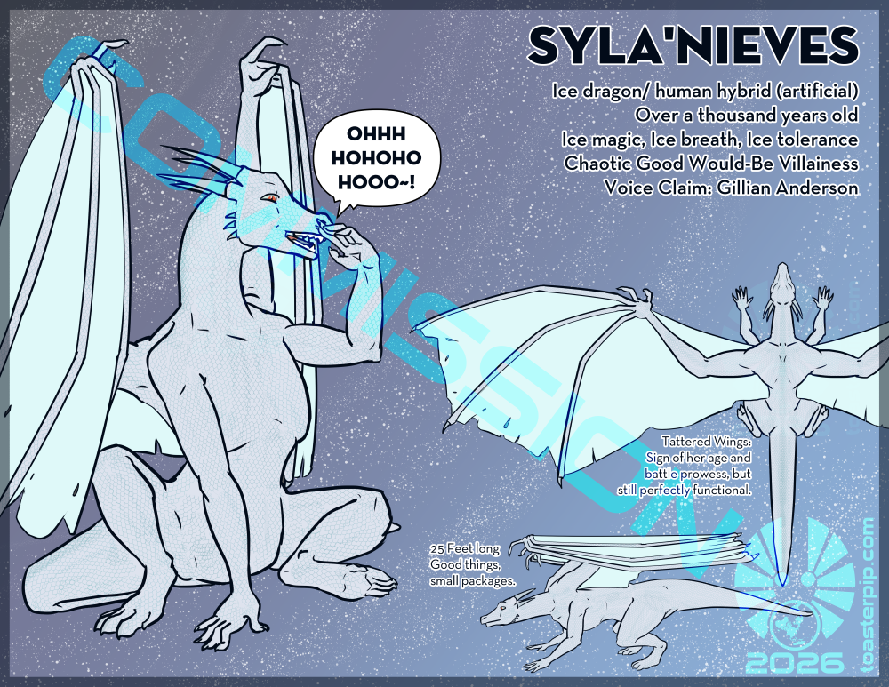 A reference sheet depicting the dragon form of Syla'Nieves. She is almost entirely white, save her red eyes. Her wing membranes are somewhat tattered along the edges, and it's noted that she's only 25 feet long. The main view depicts her sitting, hand by her mouth as she gives a haughty noblewoman's laugh at something.