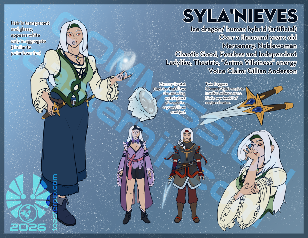 A reference sheet depicting a human woman, Syla'Nieves. She is albino with white hair and red eyes, and is depicted in a few different outfits. The largest primary outfit features a blue straight skirt, green vest and white blouse with frilly sleeves. She is also shown in a pink Japanese-inspired outfit, and a set of dark armour with red trim. A pair of daggers is featured, as well as a magical reflective ice crystal.</body></html>