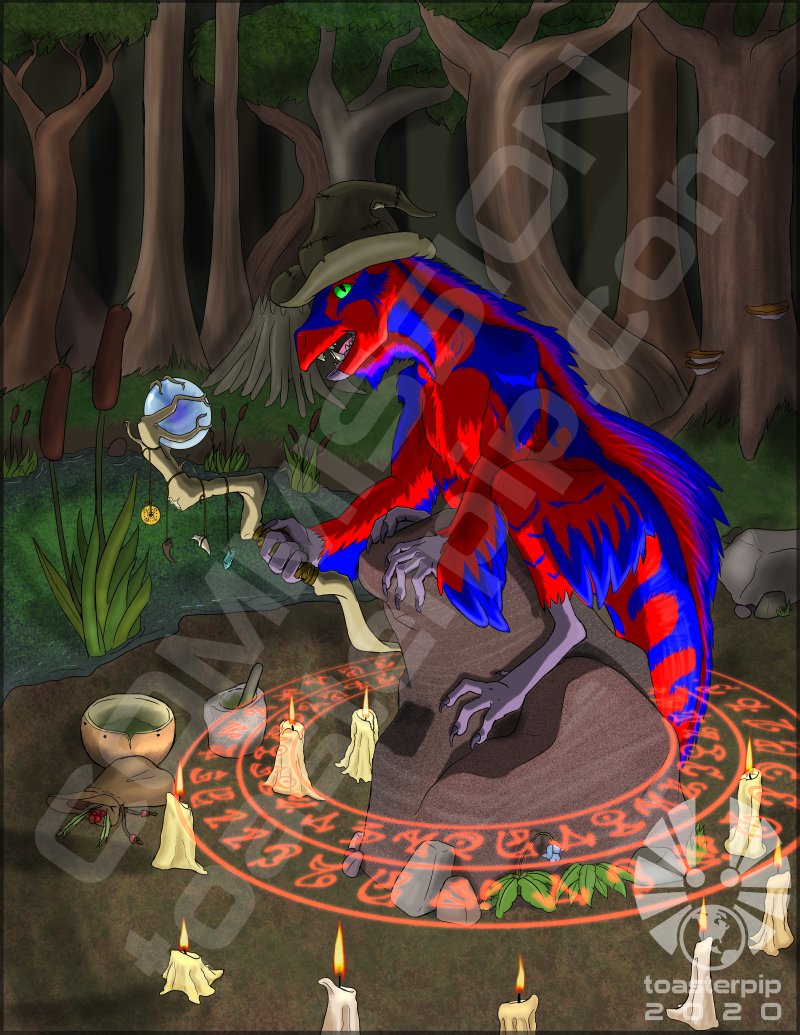 toasterpip commission fantasy dinosaur tianyulong witch summoning swamp feathers candles 