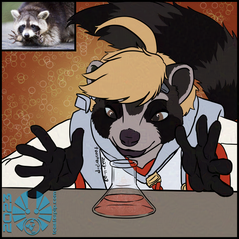 A drawing of Amelie Laveur, inspired by a photo of a real life raccoon. As in the photo, Amelie is leaning forward with hands outstretched, fingers splayed. Between her hands on the table before her is a flask with a bubbling pink liquid inside. She is looking at the flask with curious delight.