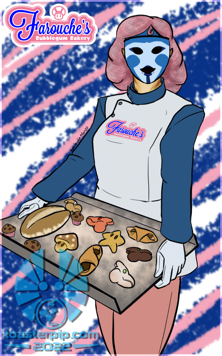 toasterpip character portrait shy_guy nintendo baker pink_hair painted_mask pastries