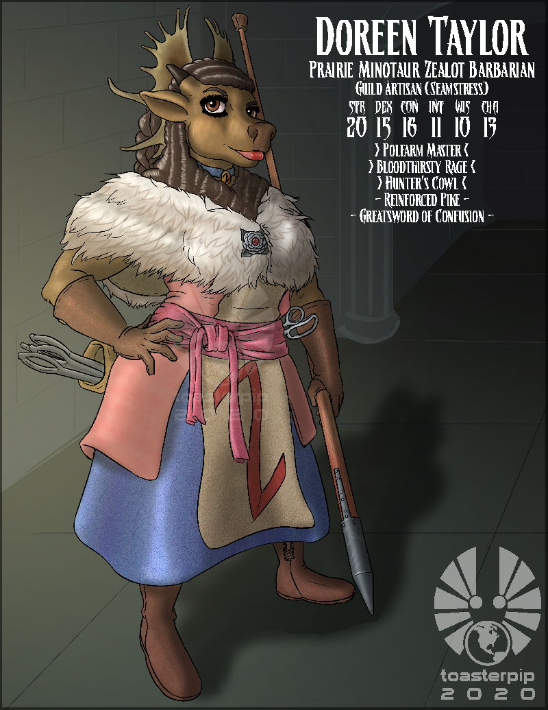 toasterpip dnd d&d minotaur barbarian bison curvy dress curly_hair pike javelin
