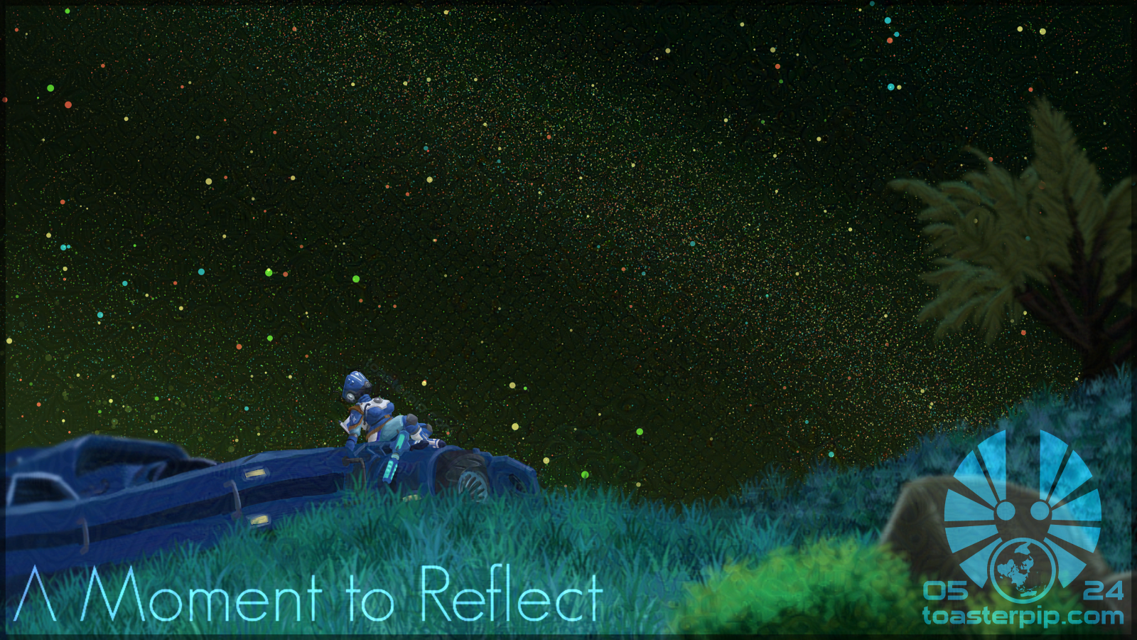 A widescreen digital painting of a scene from the game No Man's Sky, showing a Traveller taking a moment to reflect. The Traveller's suit is blue, with a blocky helmet and a curvy figure. She is sitting on the nose of a blue fighter type starship in the lower left of the image, leaning back on her hands and looking up. A staff-like device in blue and teal is rested in front of her against the ship's nose. The ship is landed at the top of a low hill covered in a field of blue-green grass, with another slightly higher hill rising to the right of the image. A tree grows on the right hand hill. A rock and fern are blurrily visible in the bottom right foreground. The majority of the image is dominated by a starry night sky, deep green with yellow, red, green, and blue stars of uncountable number shining overhead. Text in the bottom left of the image reads, "A Moment to Reflect".