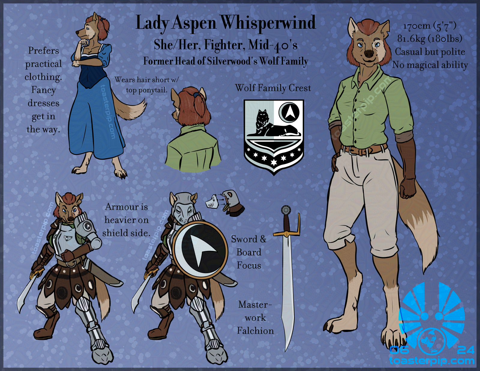 A reference sheet for Lady Aspen Whisperwind, an anthropomorphic wolf woman. The sheet features several images of Aspen in different poses and outfits. She has sand-coloured fur, red hair streaked with grey, and patches of lighter cream-coloured fur on her right ear, over her left eye and cheek, and at the ends of her limbs.</body></html>
