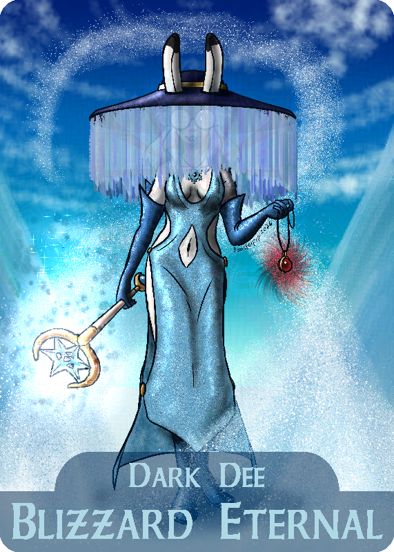 An illustration depicting Dee the ice witch. However, she is shown here in her temporary villain form, where she was briefly made malevolent. She wears a slinky and revealing blue sparkly dress, dark blue gloves that rise to mid-bicep, and a wide-brimmed hat with a curtain of ice crystals that obscures her face. She's carrying a large wand with a crystal snowflake on one end, and holding an ominous red crystal pendant in the other hand.</body></html>