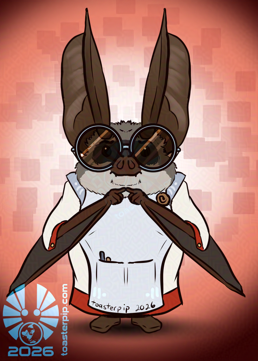 A drawing of a rotund anthropomorphic bat fellow, Doktor Leo Lascaris. He is squat and round, with enormous ears that have points but are mostly rounded. He wears giant round darkened glasses and a set of white robes with a silver apron. He's depicted standing and facing the viewer, prodding his fingers together nervously.