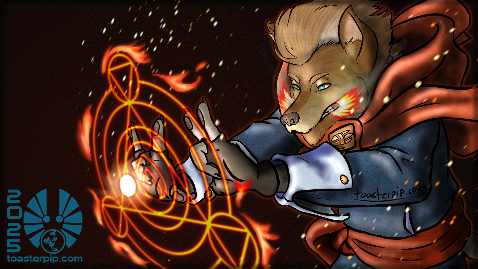 An image of Wyllo Taleweaver, an anthro canine man. He holds his hands out in front of him and grits his teeth as he charges up a fire spell. Sparks and wisps of flame blow around him, and the force of the energy is driving back his cloak and hair.