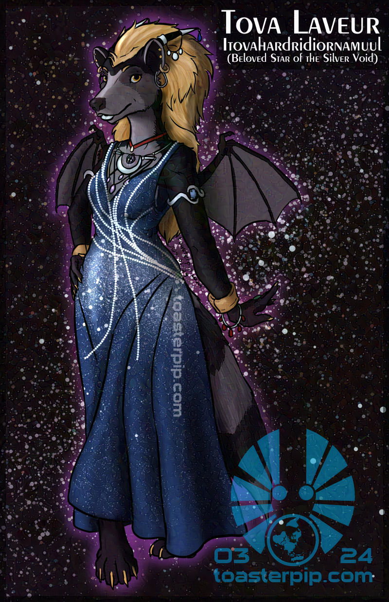 A portrait of a dragon-raccoon hybrid anthro woman named Tova. She stands in a showy pose with one hand on her hip and the other held out to the side and back. She smiles at the viewer. Her fur is dark in shades of purplish greys, with a light muzzle and medium cheek patches emulating a raccoon mask.</body></html>