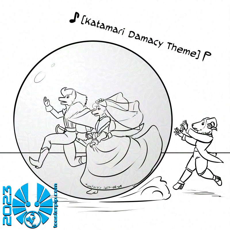 toasterpip A doodle depicting three characters running towards screen left. Two of them, a young male husky anthro, and a young female golden retriever anthro, are dressed as a bride and groom and encased in a transparent bubble. The third is a short sheep anthro in formal wear and looks to be rolling and-or maintaining the bubble. A caption reads: Katamari Damacy Theme.