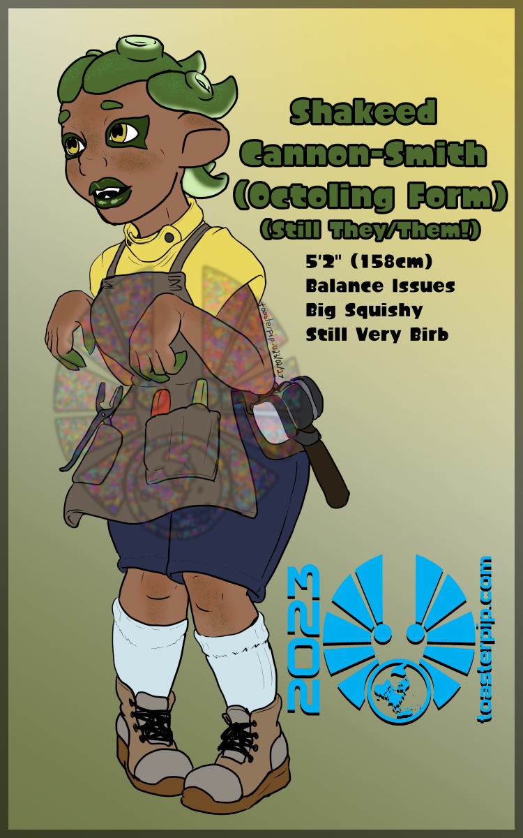 toasterpip Character design of an octoling version of a previous character, Shakeed Cannon-Smith. They stand in an unbalanced, raptor-armed stance, but they're smiling. They have green tentacle-hair and gold eyes. They're wearing a yellow shirt, navy blue shorts, knee-high socks, work boots, and a leather apron with smithing tools in the pockets.