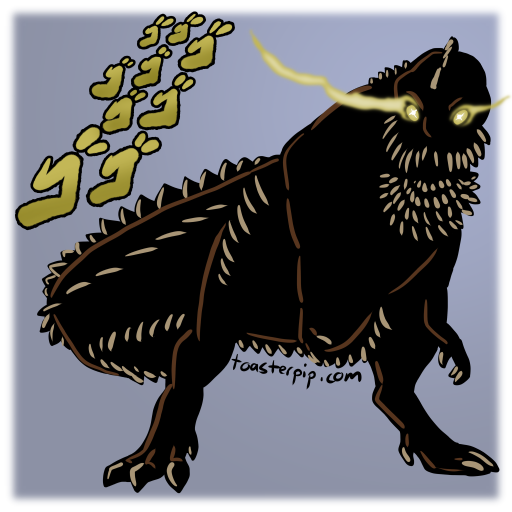A virtual tabletop token depicting a Deviljho from Monster Hunter in silhouette. Key features are outlined in slivers of tans and browns, and its eyes are glowing a menacing yellow. The JoJo's Bizarre Adventure "Menacing" kanji is emulated, in a yellow gradient.