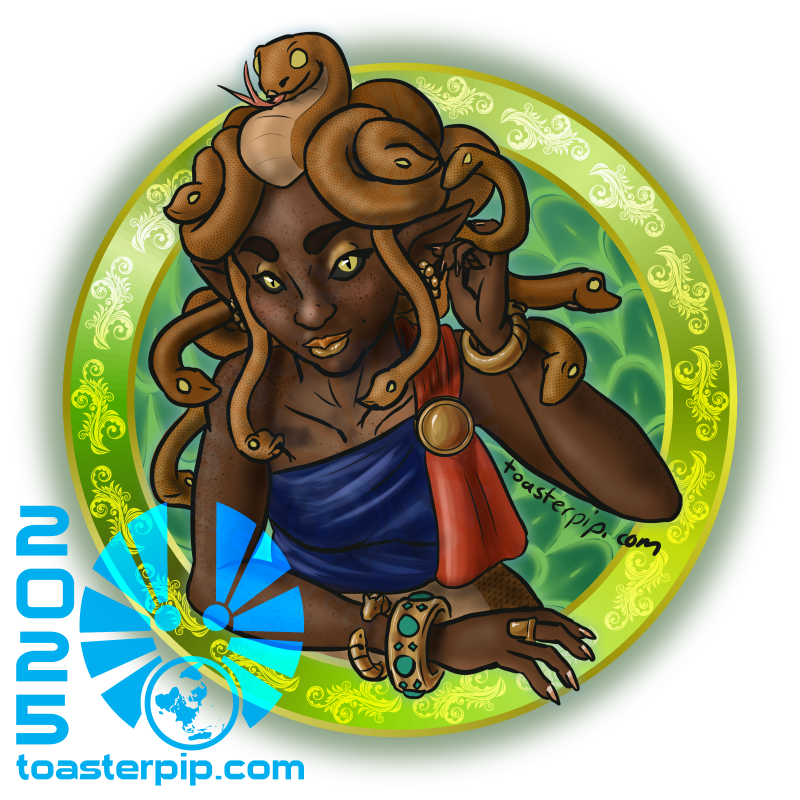 A virtual tabletop token depicting an Hierophant Medusa from D&D. They lean forward on the token frame, with a cheeky smirk on their gold-painted lips. They have dark skin, and their hair is made of a tangle of golden-scaled snakes that curl about their face and arms. They are decorated with Achaemenid-style jewelry, and wear a blue and orange sash as a top.