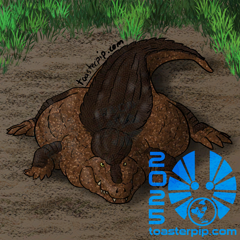 A drawing of a giant crocodile, specifically referencing the "Flat Fuck Friday" image of a very wide and flat croc, though this one is rendered in shades of brown with yellow eyes.