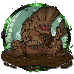 A virtual tabletop token depicting a Barroth from Monster Hunter, in a palette of browns and greys. It's shown sitting in a mudhole, playing with a glob of mud in its foreclaws and smiling broadly.