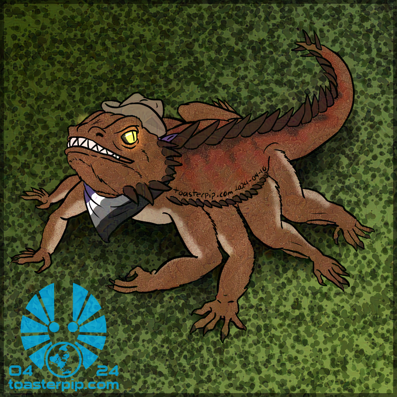 A drawing of a basilisk, styled to look like a bearded dragon. It wears a cowboy hat and a bandana in the Asexual Pride flag colours. Its scales are mainly browns and oranges, and its eyes glow yellow. It has eight legs, and is shown mid-skitter.