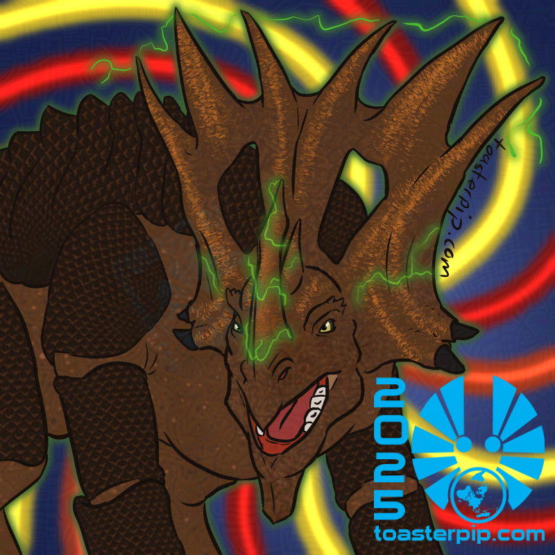 A drawing of a Ceratops from D&D, which is modelled after shield-crested dinosaurs like triceratops. It's shown from the hips forward, hunched up in a defensive posture. Its mouth is open in a warning bellow, as magical energy crackles around its horn and spiky crest.