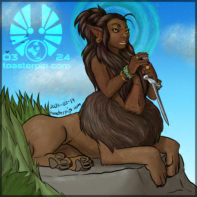 A drawing of a D&D Lamia, a creature with the upper body of a woman and the lower body of a lion, centaur-style. Their dark hair is done up to frame their face and sit in a high ponytail, while also draping over their chest. They hold a silver dagger in their hands, fingers and wrists bedecked with Achaemenid-styled bracelets and rings.