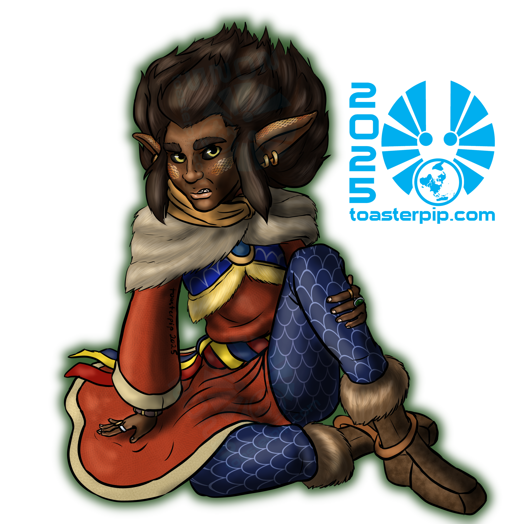 An image of Kopio the changeling druid. They are sitting on the ground, leaning on one hand with their opposite knee drawn up. They are looking up and to the right with a displeased frown. Their outfit is a colourful robe-like costume in primary colours, and their wild dark brown hair flares up behind them like a ball of fire. Reflective golden fish scales decorate their cheeks and the tops of their long, pointed ears, and they are wearing numerous bits of jewellery.
