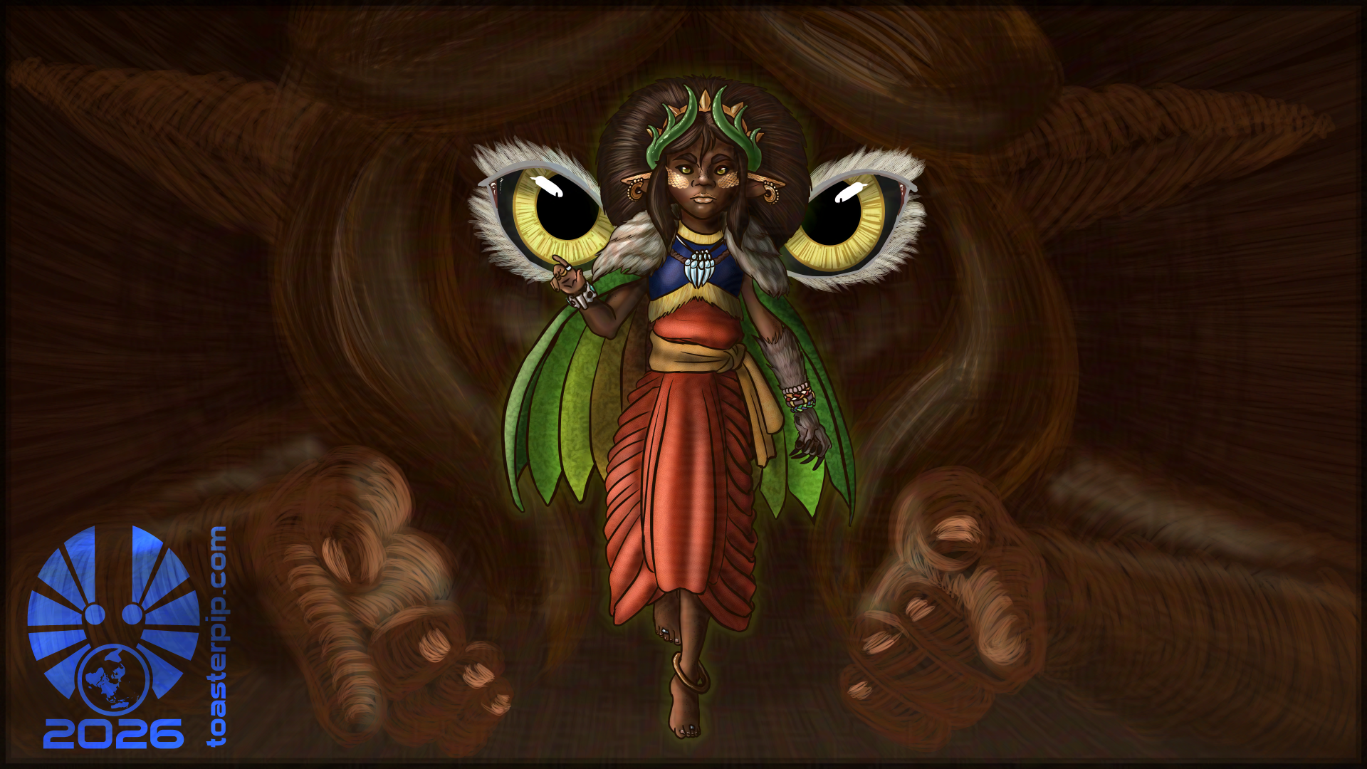 A portrait of the changeling druid, Kopio, as they first appeared upon ascending to archfae. They are floating with one arm raised, the other held at their side and morphed into a bestial claw. They wear robes inspired by the Achaemenid empire, with a cape made of long colourful palm fronds topped with a furred mantle. Jade antlers wreath their head, and their dark hair is done in a style that flares in the back and drapes to frame their face as they stare at the viewer. Behind them, a vague form of themself but much larger looms, presenting the smaller version of themself between its hands while enormous eyes stare at the viewer.
