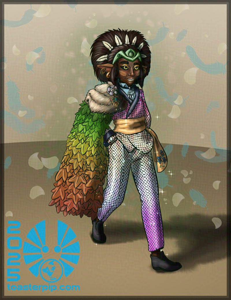 A full body portrait of the changeling druid, Kopio. They are depicted wearing a suit covered with iridescent fish scales, as well as a capelet of leaves ranging in colour from green to red, topped with a fur shoulder piece decorated with jewelry. They're walking forward towards screen-right, with a little smirk on their face. Their hair is pulled up into a flared style decorated with feathers and a jade tiara.
