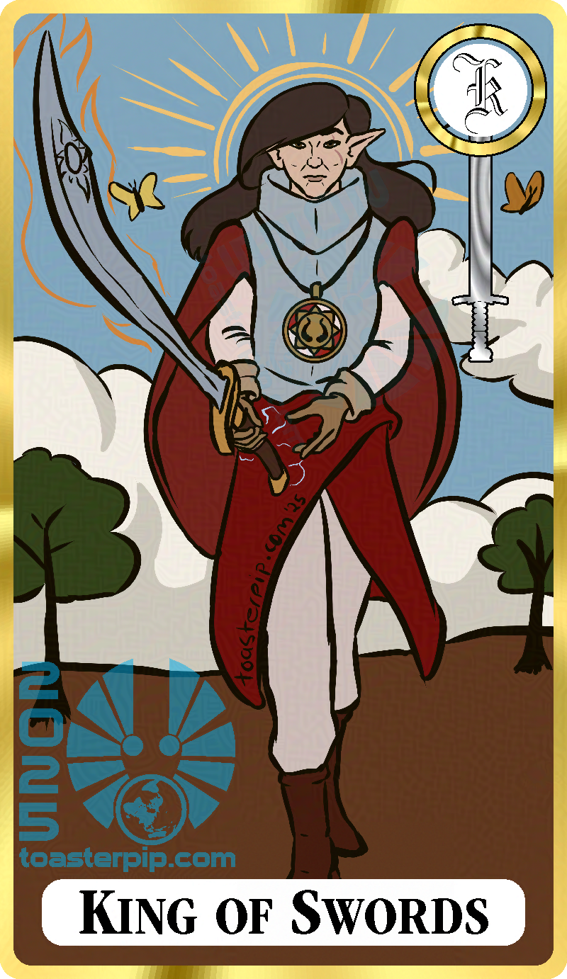 A Tarot card style portrait of an elf man, labelled the King of Swords. He is dressed in silver armour with red and white robes, and carries a curved flaming longsword. He stares with grim determination at the viewer, as sparks leap between his free hand and the sword's handle. The background features a pair of trees, clouds, and butterflies, as well as a radiant halo effect around the elf's head.