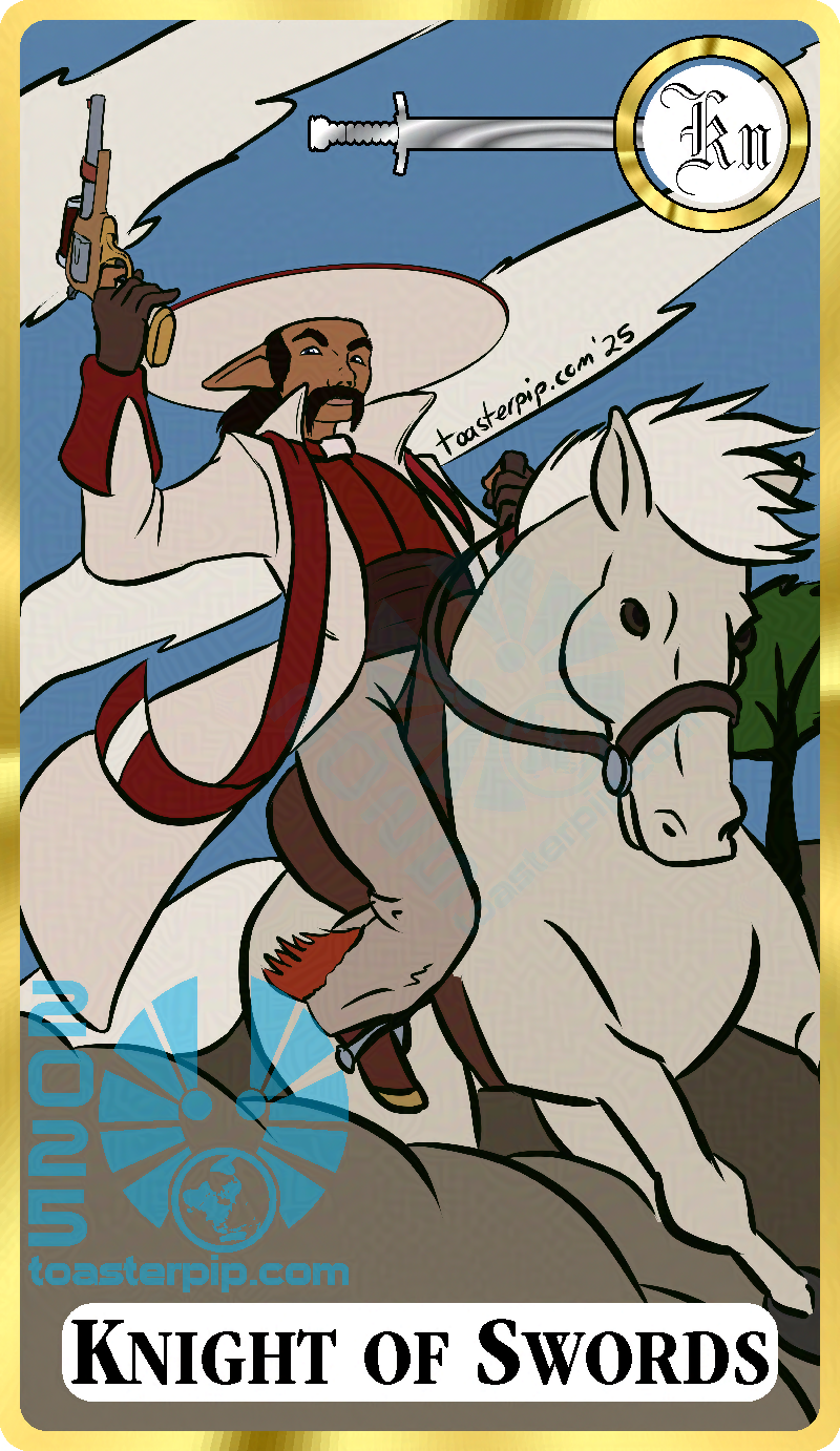 A Tarot card style portrait of an elf gunslinger, labelled the Knight of Swords. He is clad in a vaguely priestly outfit with a wide-brimmed hat and long coat, riding a pale horse in full gallop. He holds a decorated revolver with a small scope, pointing to the sky as he glares at the viewer.