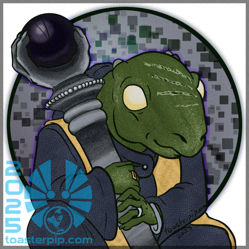 A portrait of an old, green turtle-like kobold sitting down. He wears a navy blue robe with a yellow draped scarf and holds a wrought iron scepter sized for a human, with a draconic claw and an eye-like black gem at the top. He's smiling and looking up at someone offscreen with clouded yellow eyes.