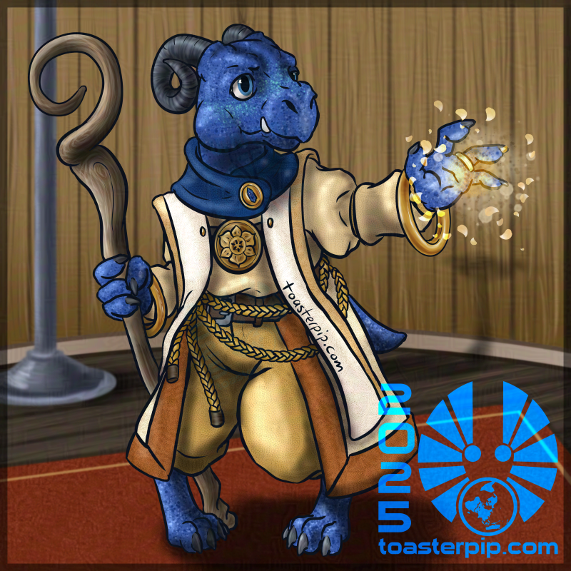 A portrait of a blue-scaled kobold in white and yellow robes. She holds a simple wooden staff that curls into a spiral at the top, and is lifting her other hand to cast some healing magic that has some flower petal effects. She smiles slightly at someone out of frame as she gets ready to heal them.