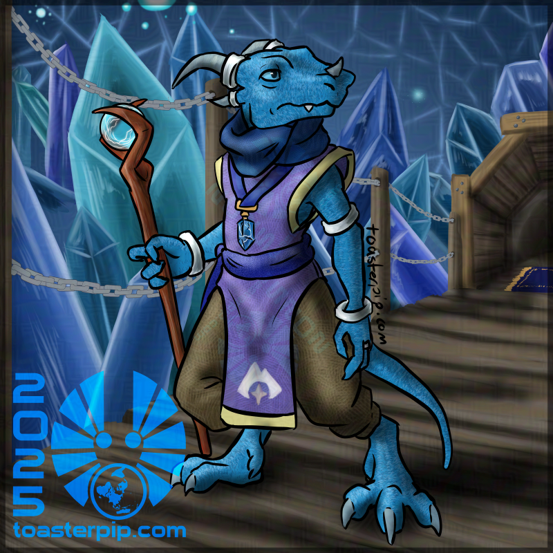 A portrait of a blue scaled kobold in simple robes. She carries a wooden staff with a glass orb at the top, and looks to the side. She is standing on a wooden bridge in the middle of a giant geode of blue crystals.