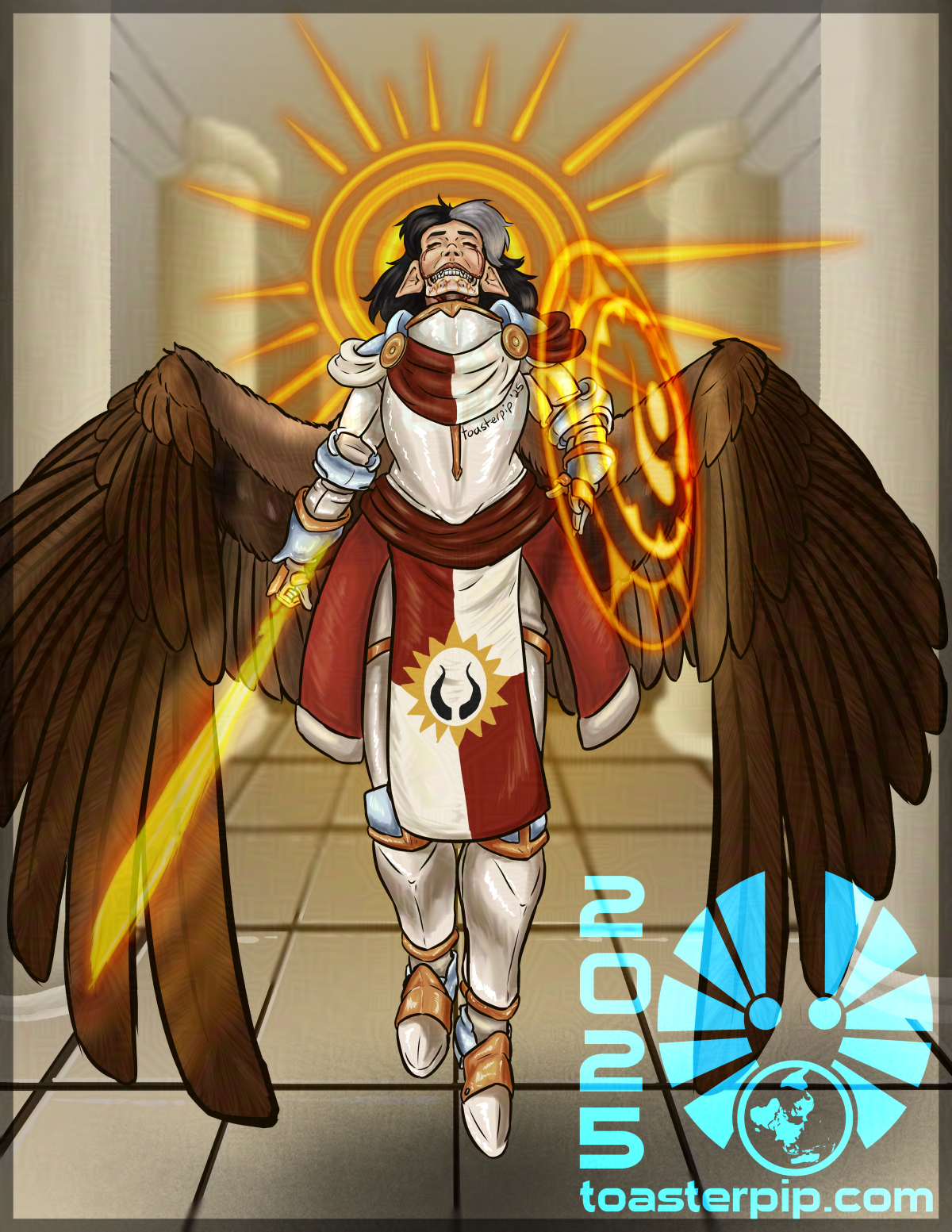 A portrait of an elven woman turned celestial. She wears gleaming white armour, with gold and silver accents, as well as red and white sashes and skirts. Her head is turned upwards and eyes closed as if in deathly repose, and the gold-decorated bone of her lower jaw is exposed. A brilliant halo limns her from behind, while blazing energy forms a sword and shield in her hands. Feathered wings wrap around and forward from her back, giving her an avenging angel appearance.