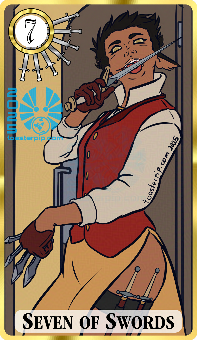 A Tarot card style portrait of a fey infiltrator, labelled the Seven of Swords. They have pale eyes, dark hair, and feathered ears. They run their tongue along the edge of a thin dagger, a crazed and slightly-too-wide grin on their face. In their other hand they hold four throwing knives, and wear a pair of stilettos strapped to their thigh, totalling seven blades. They stand in front of an ajar door, as if about to make a cunning escape.