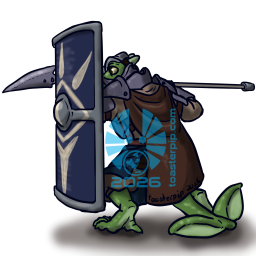 A full-body drawing of a green turtle-like kobold with a finned tail. They hold a large Roman-style scutum shield up to cover themself, while hoisting a spear with a tip made from a bladed claw in the other. Much of their form is obscured by their armour and cloak, as they face away from the viewer.