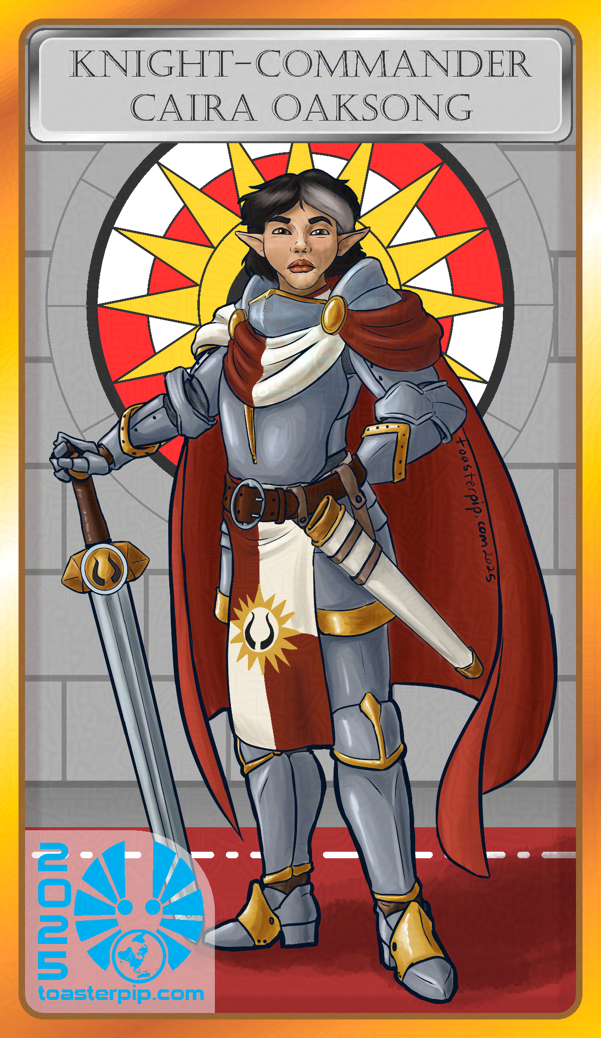 A drawing of an elven warrior, styled to look like a trading or Tarot card. The title reads "Knight-Commander Caira Oaksong". Commander Oaksong is dressed in full plate armour with a red cape, and a red-and-white sash and tabard, though without her helmet. She stands proud with one arm behind her back, the other on the hilt of a longsword decorated with the horns symbol of the Church of Kibia.