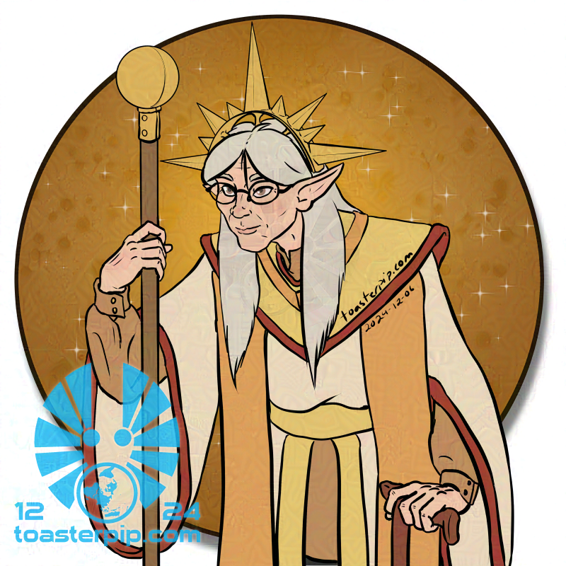 A drawing of an elderly elf, Bishop Evenrest. He wears white and gold robes with red trim, and leans on a cane in one hand while carrying a golden orb-topped staff in the other. He wears a radiant crown, and smiles kindly from behind a pair of well-worn spectacles.
