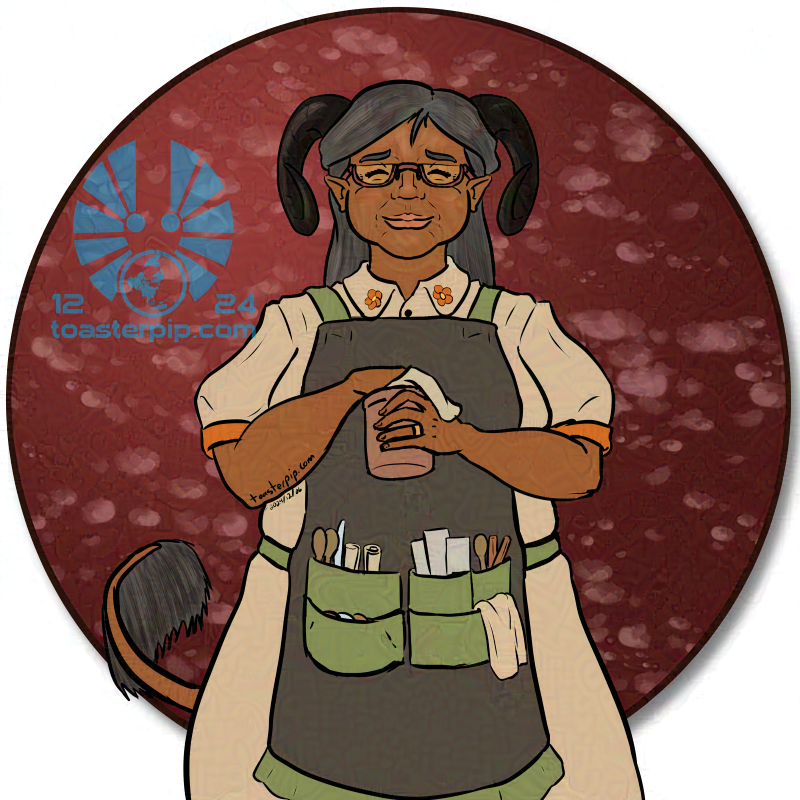 A drawing of a tiefling bartender. She appears to be middle-aged or even an early senior, with deeply tan skin and greying hair from which emerge curled black ram's horns. She is shown wiping a glass, wearing a simple dress and an apron filled with various tavern necessities like utensils and napkins.