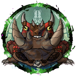 a virtual tabletop token depicting a Tetsucabra from Monster Hunter in a colour scheme of browns, reds, and oranges. It faces the viewer, staring with unnerving yellow eyes and sitting politely with its forefeet folded like little hands.