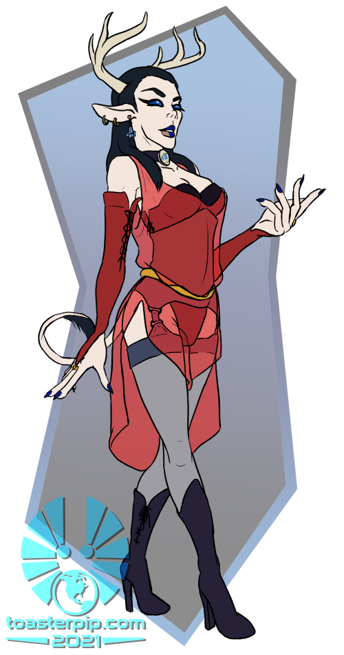 toasterpip character rpg D&D dnd tiefling antlers tall lanky woman lingerie