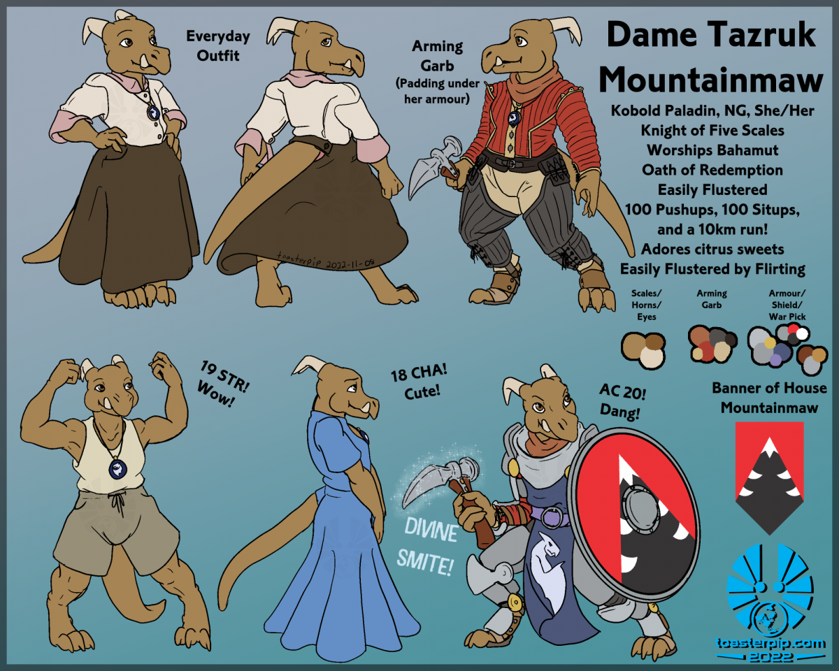 toasterpip character kobold D&D rpg dnd paladin cute outfits dress gambeson armour armor war_pick