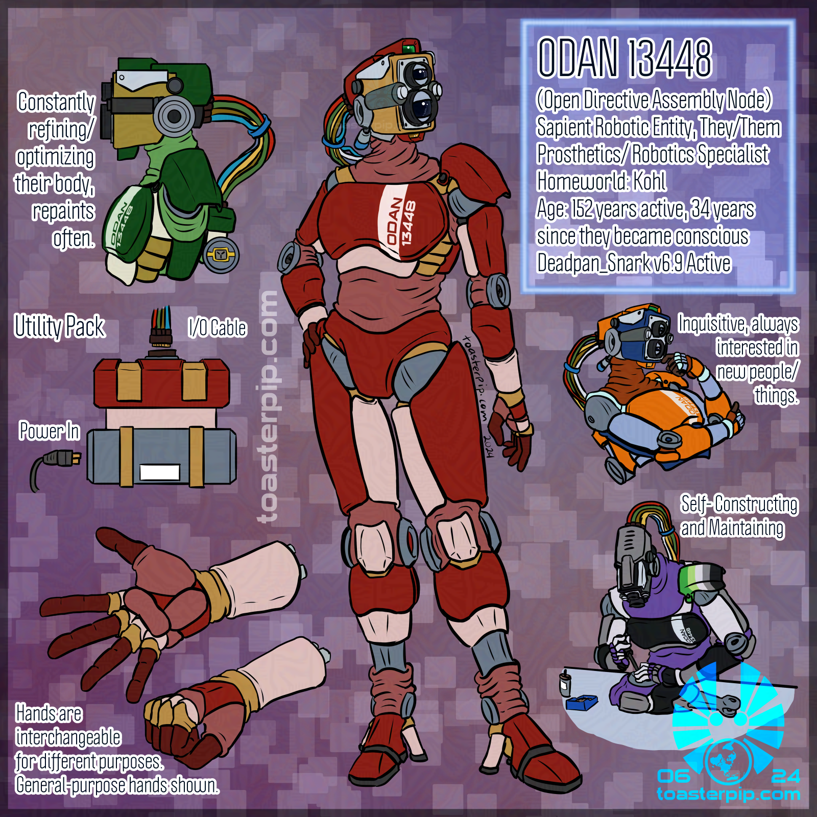A reference sheet for a character named Odan. They are a robot with a head shaped similarly to a two-lensed camera which trails a bundle of data cables which looks similar to a ponytail. The main pose of the image shows their full body, standing casually with one hand resting on their hip. They have a mix of hard plates, ball joints, and soft-cladded joints with round discs on the axles. The primary view depicts a red, white, pink, and golden-yellow colour paint scheme for their body.</body></html>