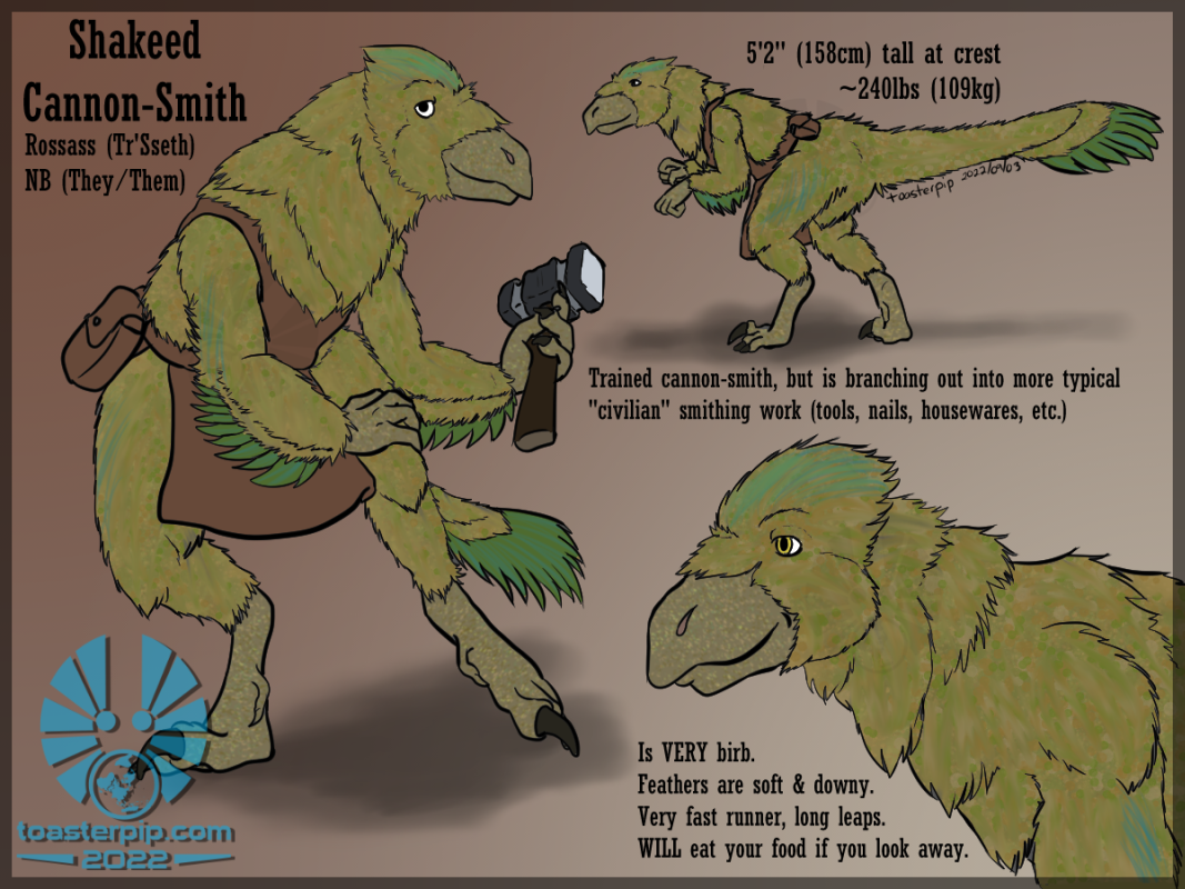 toasterpip character furcadia laratia raptor deinonychus dinosaur birb person blacksmith fantasy feathered scaly scalie